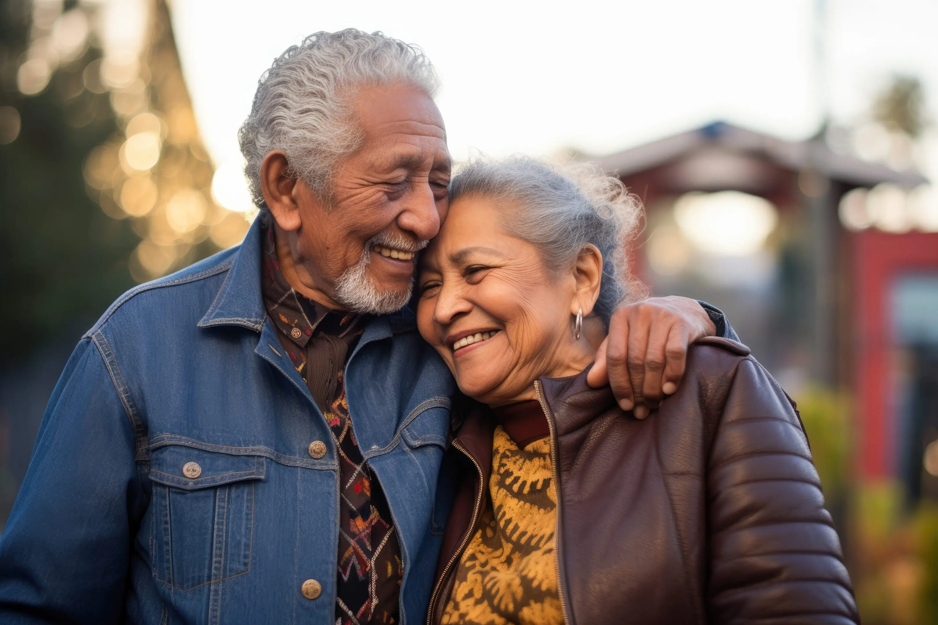 Senior couple hugging and smiling outdoors