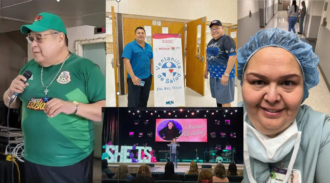 Collage of speakers, healthcare worker, and stage