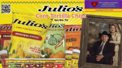 Julio's corn tortilla chips display with portrait